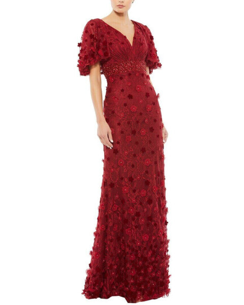 Mac Duggal Floral Applique Pleated Bodice Cape Sleeve Trumpet Gown Women's Red