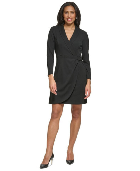 Women's Shawl-Collar Long-Sleeve Faux-Wrap Dress