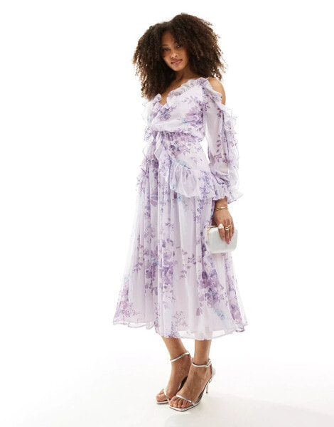 ASOS DESIGN ruffle off shoulder midi dress in lilac floral print