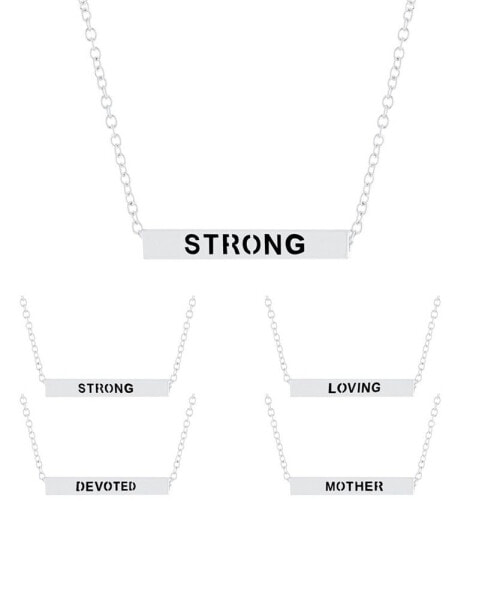 Inspirational Mother, Devoted, Loving and Strong 4 Sided Bar Necklace 16+2" In Silver Plated