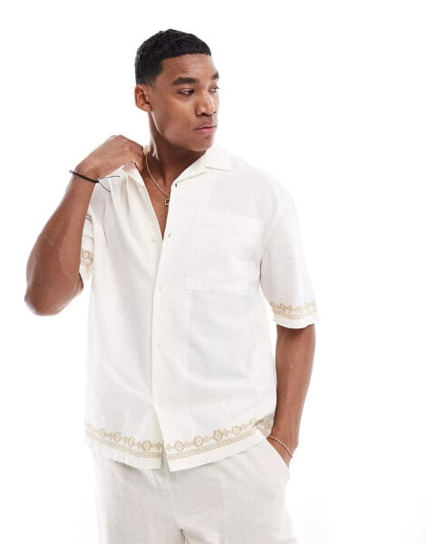 Pull&Bear embroidered hem revere neck shirt in ecru