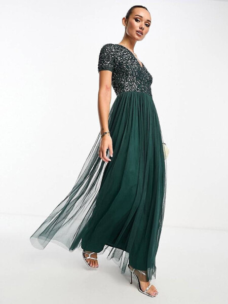 Maya Bridesmaid short sleeve maxi tulle dress with tonal delicate sequins in emerald green