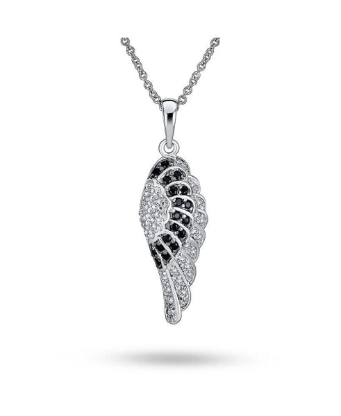Bling Jewelry two Tone Pave Black White Cubic Zirconia CZ Spiritual Guardian Angel Wing Feather Dangle Pendant Necklace For Women For Teen