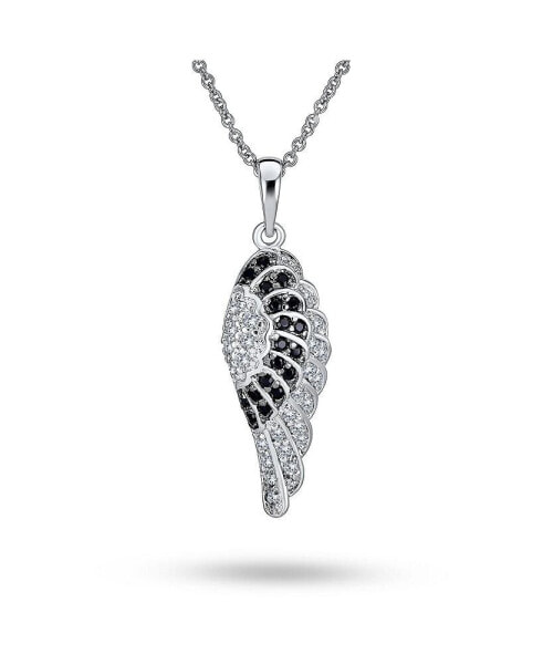 Two Tone Pave Black White Cubic Zirconia CZ Spiritual Guardian Angel Wing Feather Dangle Pendant Necklace For Women For Teen