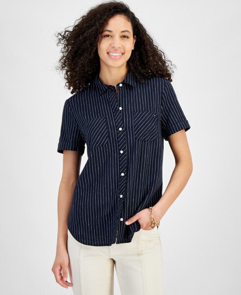 Women's Striped Linen-Blend Short-Sleeve Button-Front Shirt