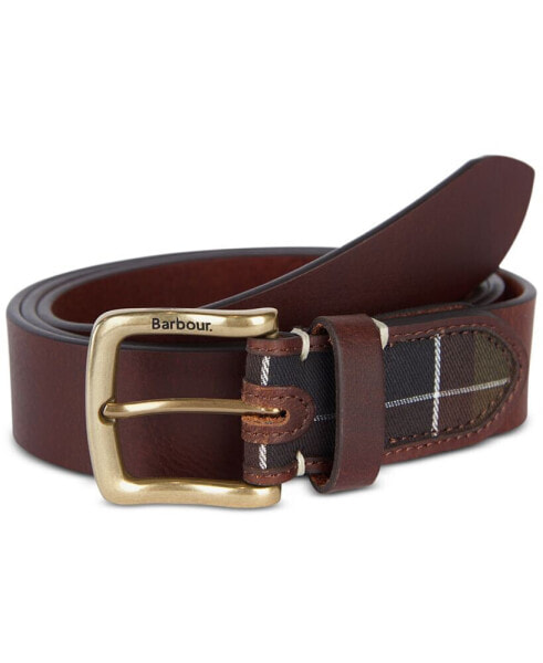 Men's Tartan-Trim Leather Belt