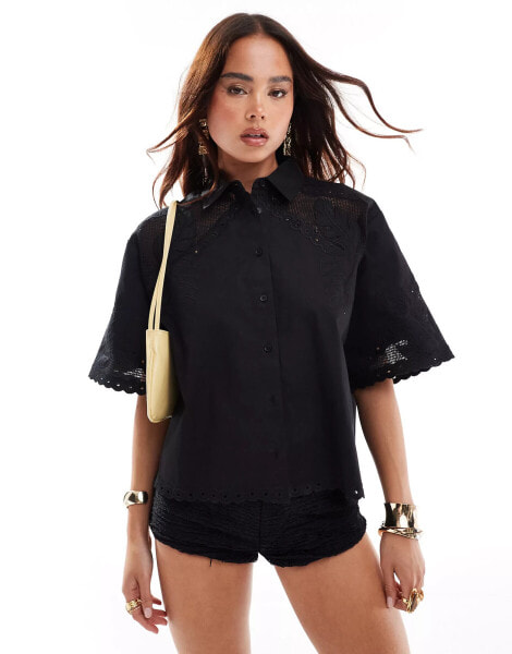 ASOS DESIGN premium boxy shirt with cutwork detail co-ord in black