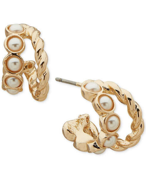 Gold-Tone Small Imitation Pearl Double-Row C-Hoop Earrings, 0.56"
