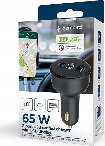 Ładowarka Gembird GEMBIRD Szybka ładowarka samochodowa 2x USB Type-C PD LCD 65 W czarna