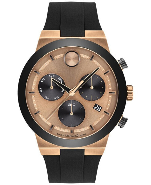 Men's Swiss Chronograph Bold Black Silicone Strap Watch 44mm