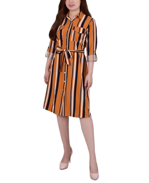 Petite Striped Roll Tab Shirt Dress
