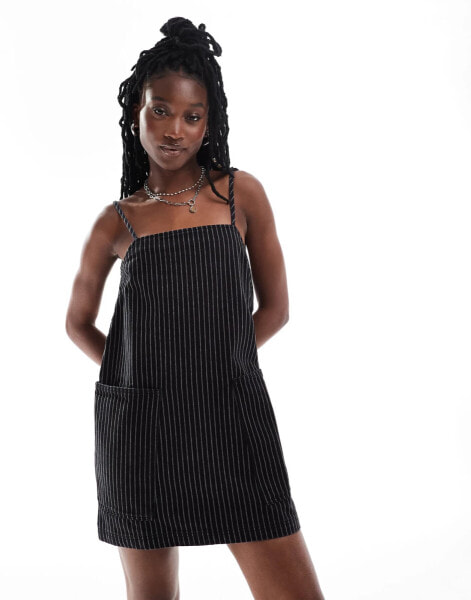 COLLUSION denim pinny dress in black stripe co-ord