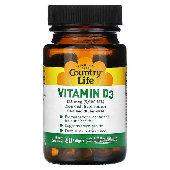Country Life, витамин D3, 125 мкг (5000 МЕ), 60 мягких таблеток