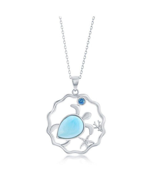 Sterling Silver Larimar Turtle & Small Blue CZ Necklace