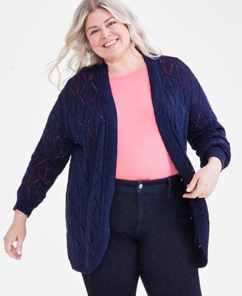 Plus Size Open-Front Pointelle Cardigan, Created for Macy's