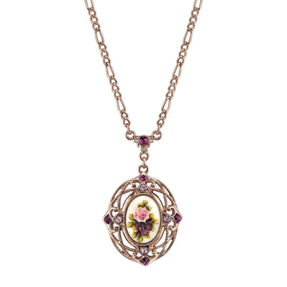 Rose Gold-Tone Purple Crystal Flower Pendant Necklace 28"