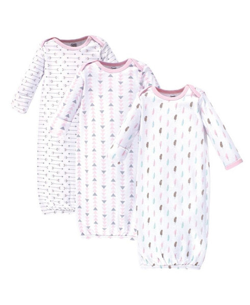 Baby Girls Baby Cotton Long-Sleeve Gowns 3pk Feathers, 0-6 Months