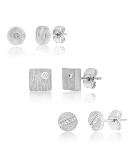 Stainless Steel, Set of 3 CZ Stud Earrings