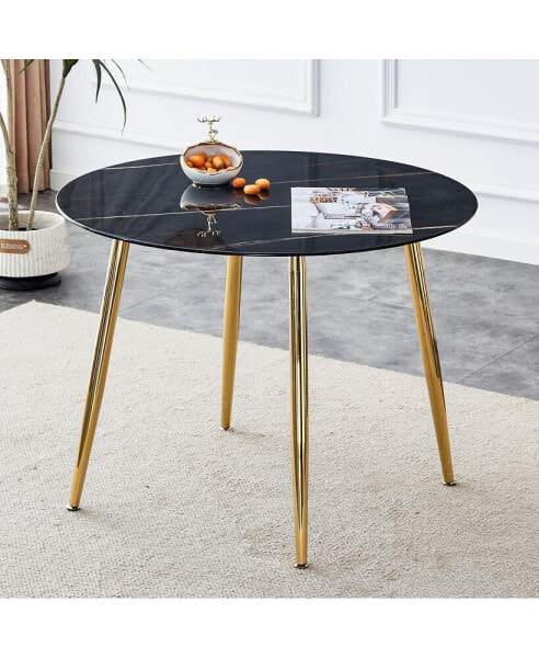 Modern Minimalist 40" Circular Dining Table, Faux Black Marble, Gold Legs