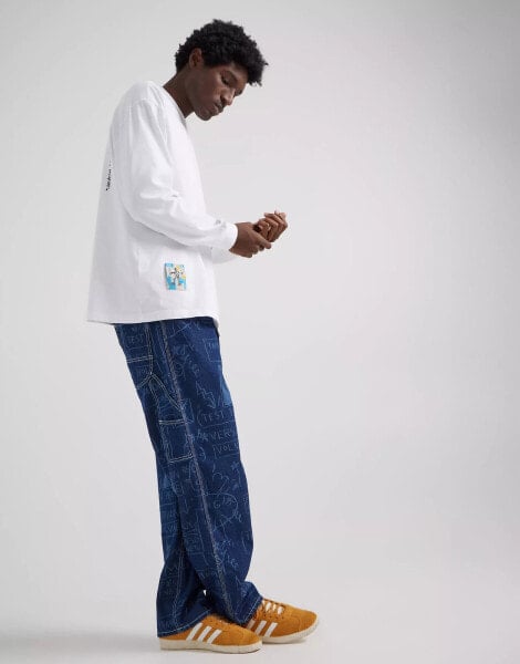 Lee x Jean-Michael Basquiat capsule scribble print straight carpenter jeans in dark wash