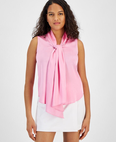 Women's Tie-Neck Sleeveless Satin Blouse, Created for Macy's