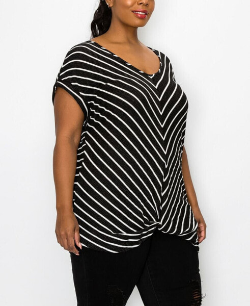 Plus Size Pointelle Stripe Mitered Twist Front Top