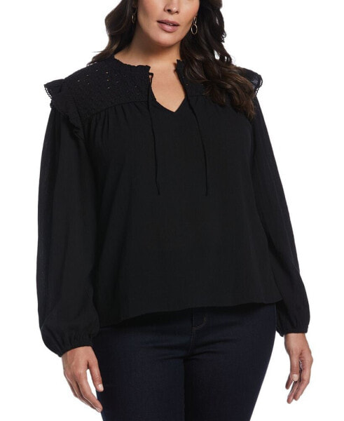 Plus Size Eyelet Yoke Ruffle Gauze Long Sleeve Blouse