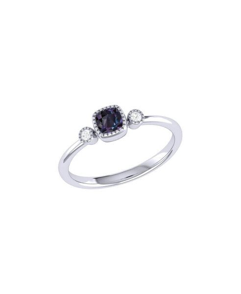 Cushion Cut Alexandrite Gemstone, Natural Diamonds Birthstone Ring in 14K White Gold