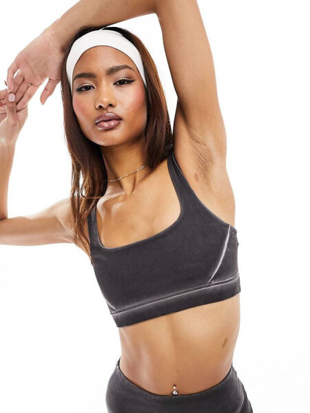 ASOS 4505 square neck washed medium support sports bra in grey