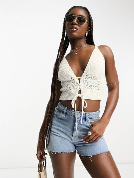 Miss Selfridge lace up detail crochet cami top in cream 