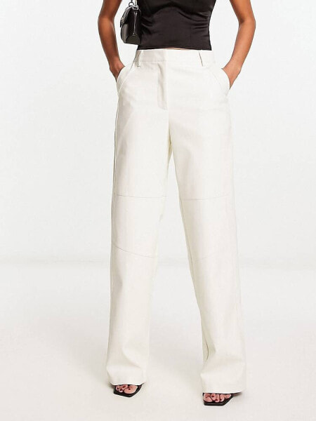 NA-KD faux leather straight leg trousers in off white