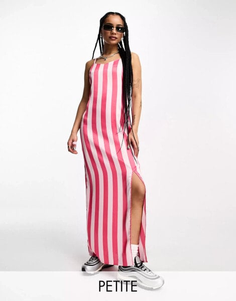 Heartbreak Petite satin cami maxi dress with side split in pink stripe