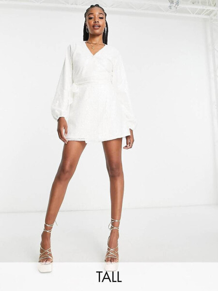 In The Style Tall exclusive sequin wrap detail mini dress in winter white