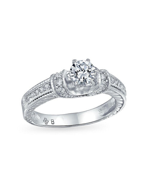 1CT Brilliant Round Solitaire U Set 6 Prong CZ Engagement Ring With Intricate Heirloom Filigree Details on Sides Of Pave Band Sterling Silver