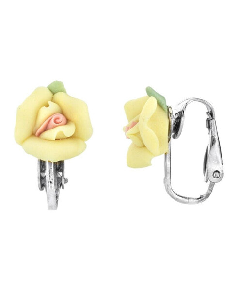 Silver Tone Porcelain Rose Clip Earrings