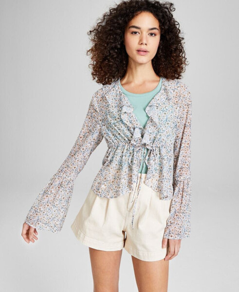 Women's Floral Print Tie-Waist Bell-Sleeve Top, Created for Macy's