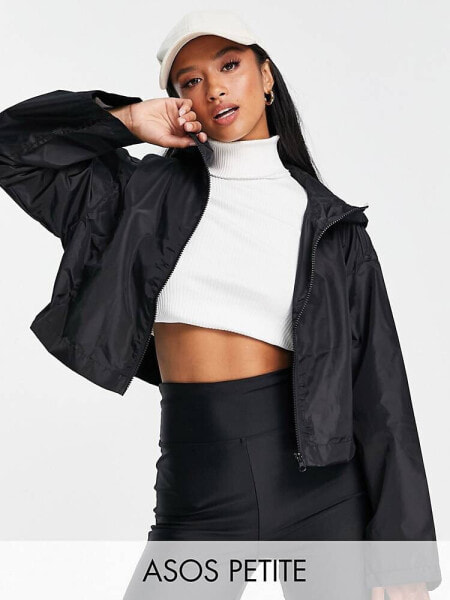 ASOS DESIGN Petite cropped rain jacket with hood in black