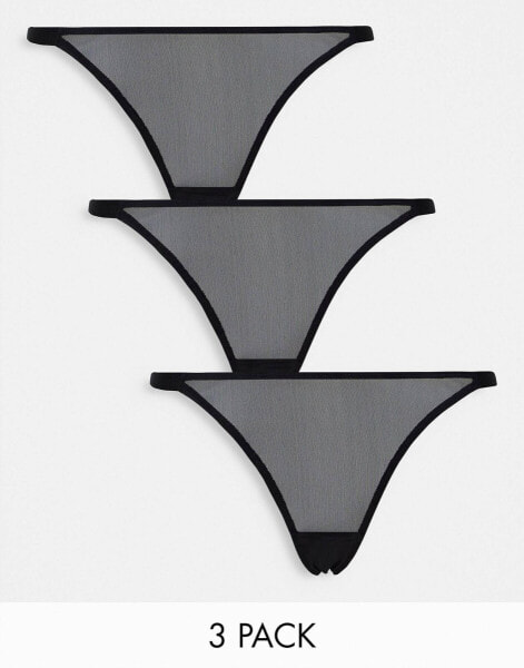 ASOS DESIGN 3 pack mesh tanga thongs in black