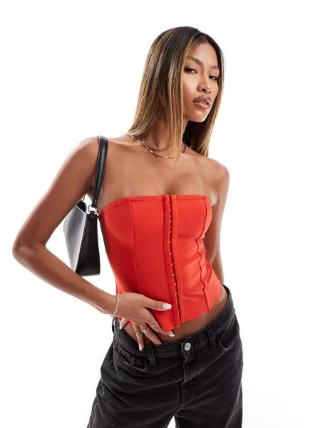 ASOS DESIGN bandage corset top with hook and eye fastening in red