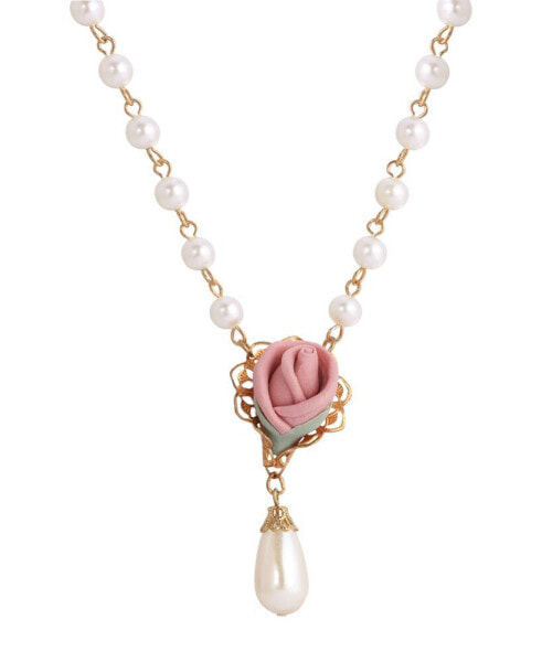 Pink Flower with Imitation Pearl Drop Adjustable Necklace