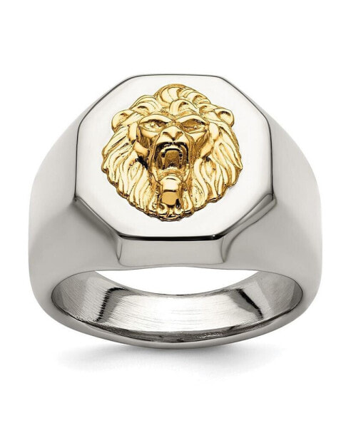 Stainless Steel with 14k Gold Accent Polished Lion Head Ring