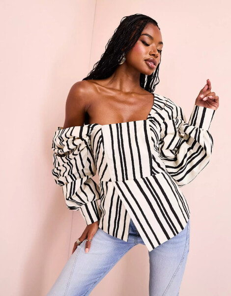 ASOS LUXE cotton poplin exaggerated sleeve top in black and cream stripe