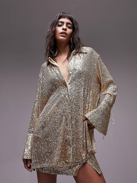 Topshop co-ord sequin oversized shirt in champagne