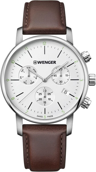 WENGER Herren Armbanduhr mit Chronograph Ø 42mm, Swiss Made, Analog Quarz, Wasserdicht bis 100m, Leder-Armband