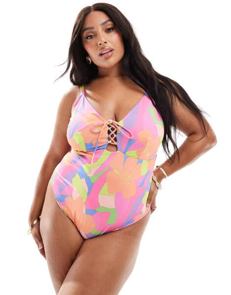 ASOS DESIGN Curve lace up swimsuit in abstract floral