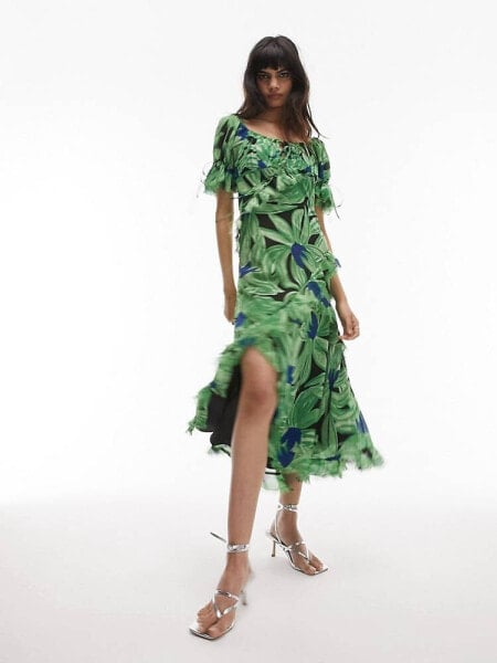 Topshop lace up back occasion midi dress in green floral print