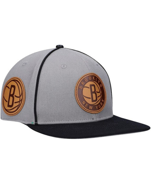 Men's Gray, Black Brooklyn Nets Heritage Leather Patch Snapback Hat