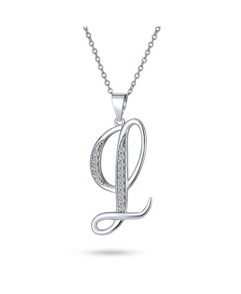 ABC Cubic Zirconia Pave CZ Cursive Script Letter Alphabet Initial Pendant Necklace For Women .925 Sterling Silver