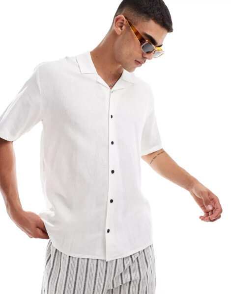 Threadbare linen mix revere collar shirt in white