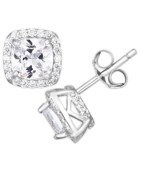 Cubic Zirconia Cushion Halo Stud Earrings in Silver Plate